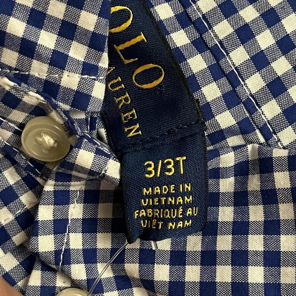 Polo Ralph Lauren Shirt Kids 3T Blue White Gingham Button Down Natural Stretch
